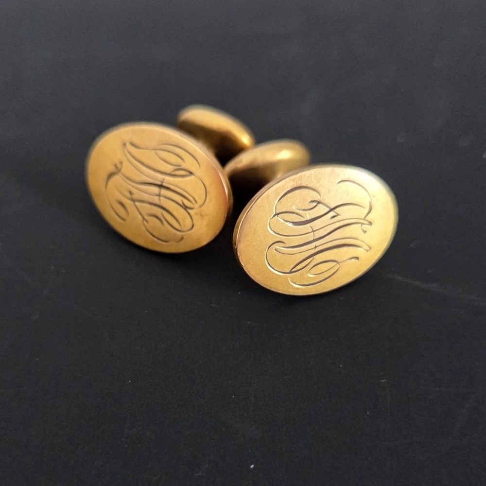 Vintage Krementz Gold Plated Engraved Monogram Oval Bean Back Cufflinks
